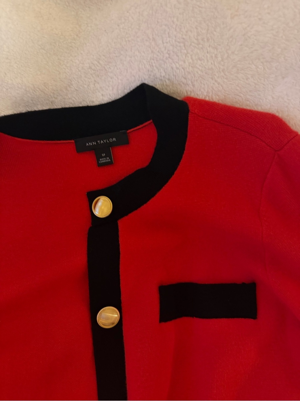 Ann Taylor Red Knit Cardigan with Black Trim and Gold Buttons